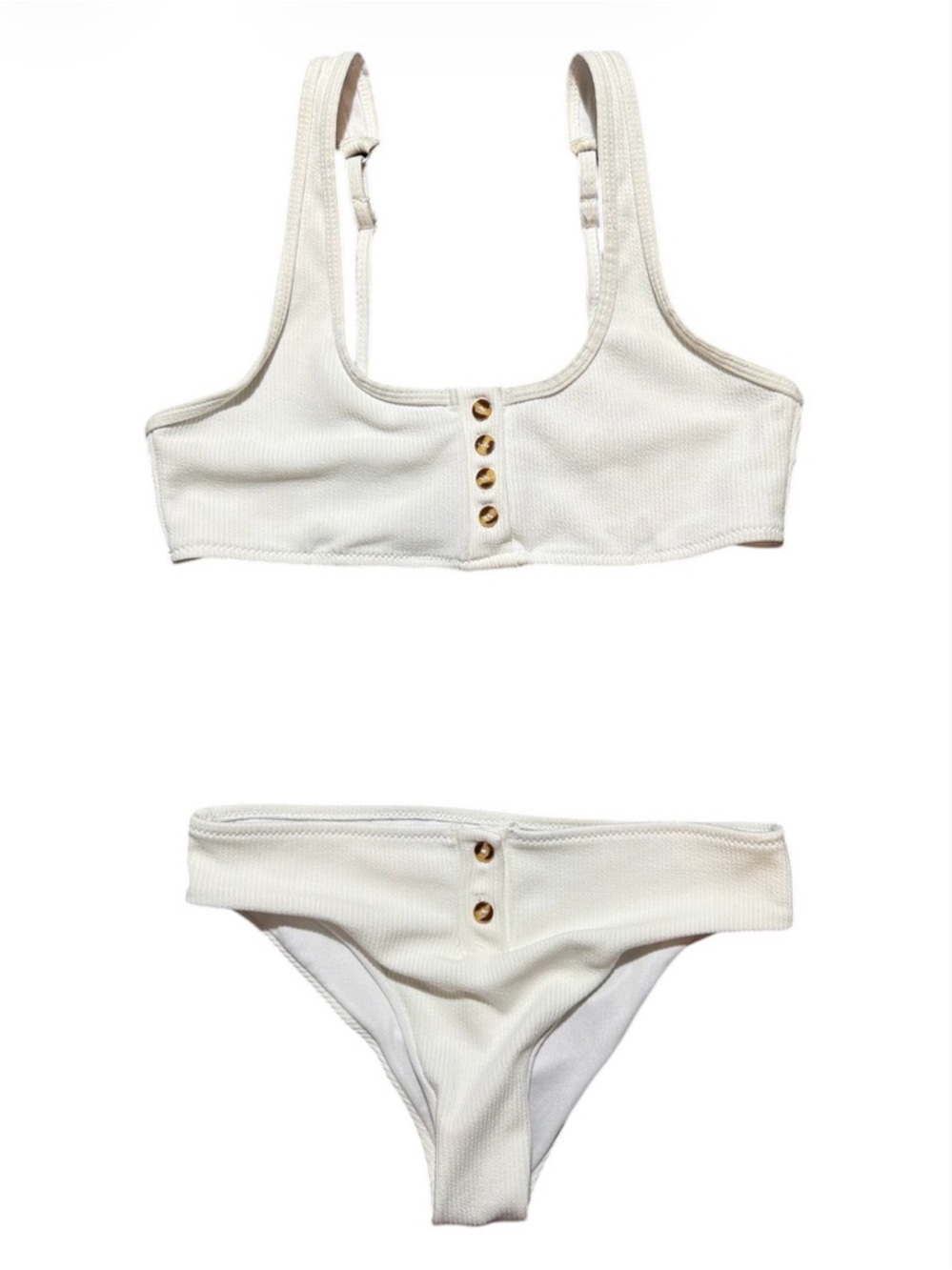 Zaful White Ribbed Two-Piece Bikini with Tortoise Shell Button Accents